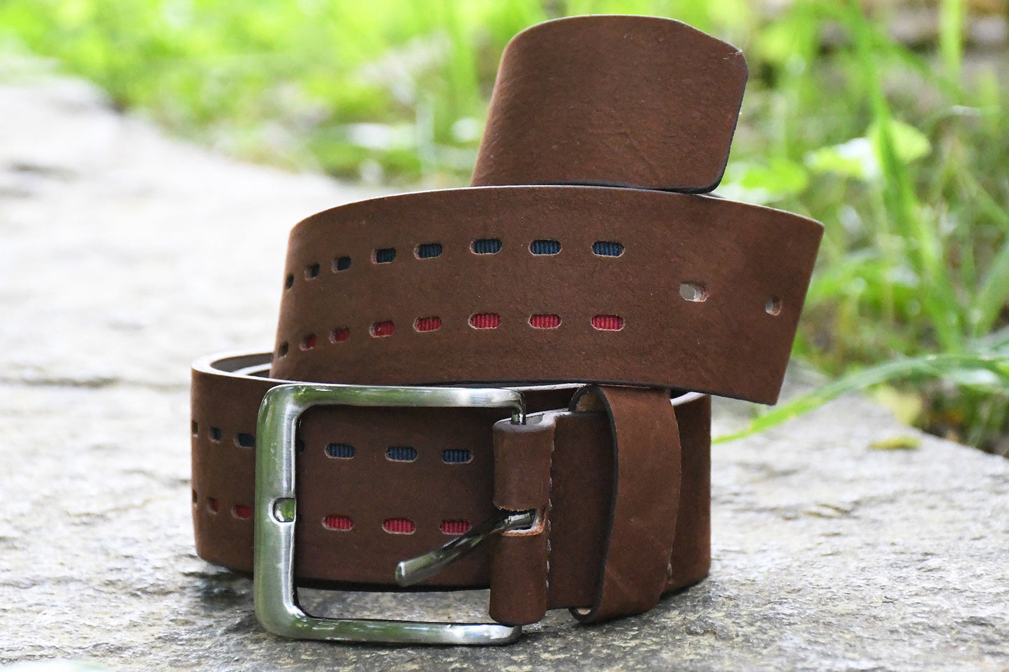 Pure Reason Dark Brown Belt with Red and Blue Accents