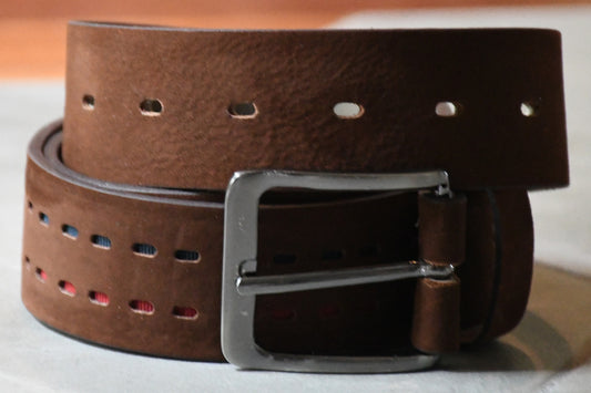 Pure Reason Dark Brown Belt with Red and Blue Accents